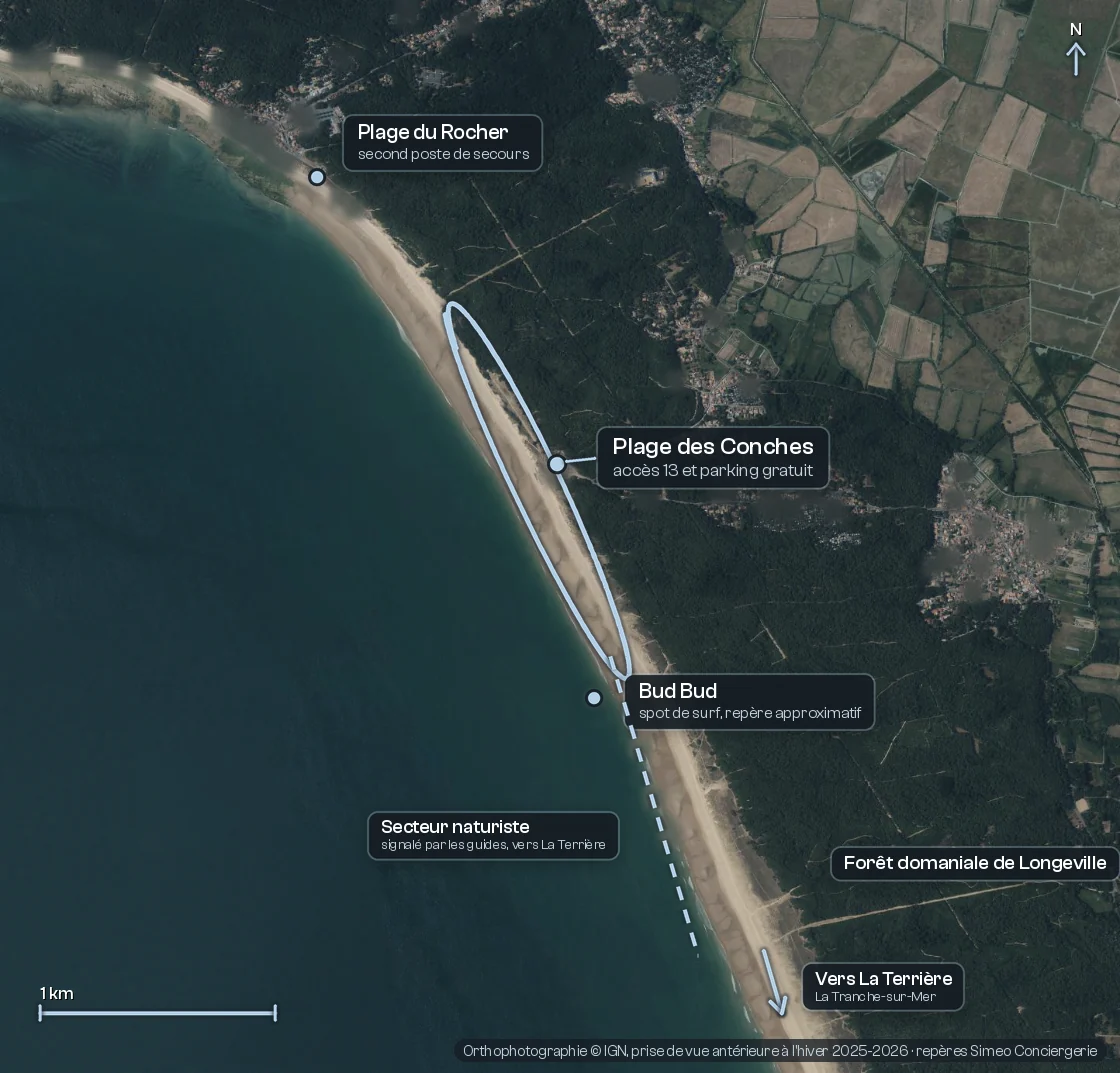 Vue satellite de la plage des Conches à Longeville-sur-Mer, entre la plage du Rocher au nord et La Terrière au sud